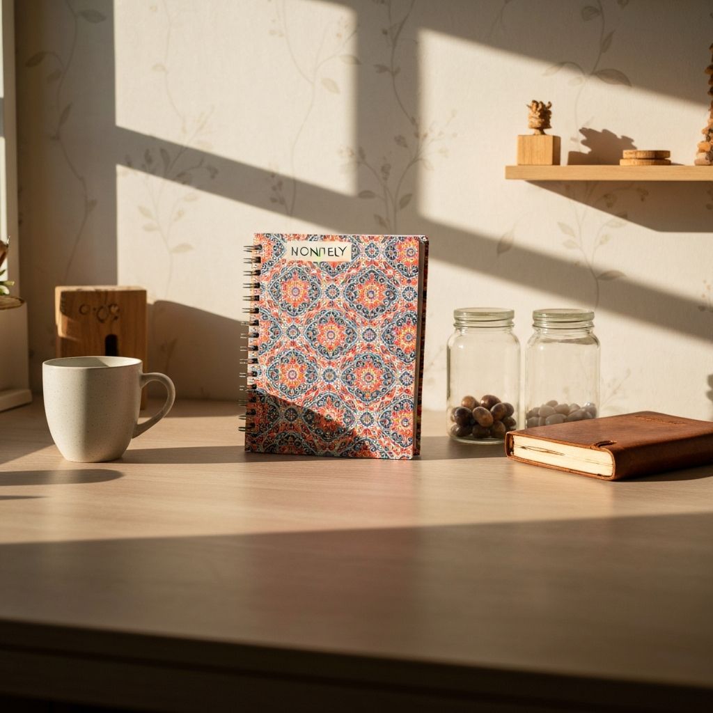 Montagmorgen mit Kaffee, Planer und Vitamin-Behältern in natürlichem Licht